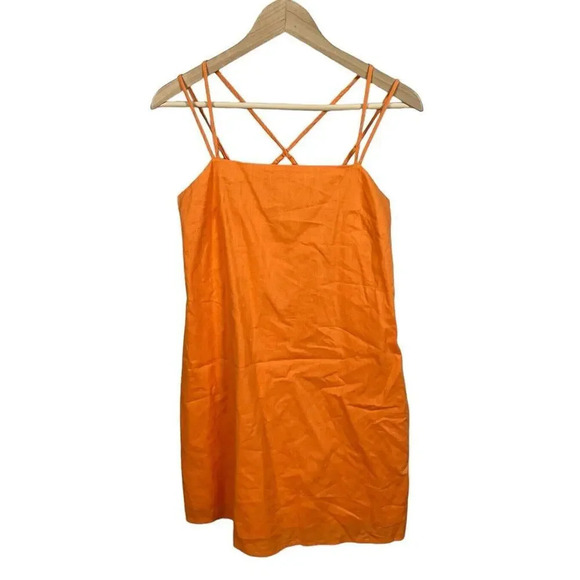 H&M Linen Blend Mini Dress Square Neck Strappy Orange Size Small Women’s - Picture 2 of 7